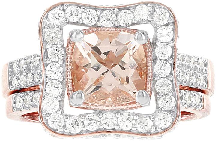 Mariage - MODERN BRIDE Blooming Bridal Genuine Cushion-Cut Morganite and Diamond 14K Rose Gold Bridal Ring Set