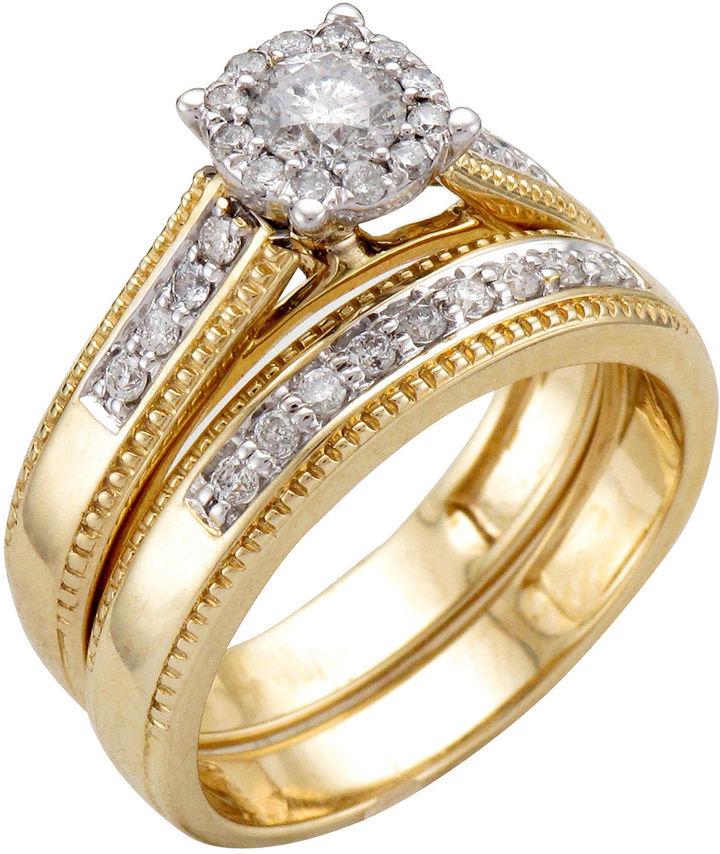 Hochzeit - MODERN BRIDE 5/8 CT. T.W. Diamond 14K Two-Tone Gold Flower Milgrain Bridal Ring Set