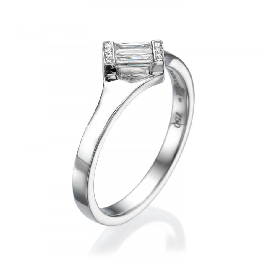 Wedding - Twist Ring, 18K White Gold Ring, 0.28 CT Baguette Diamond Ring, Unique Engagement Ring, Baguette Ring Size 6.5
