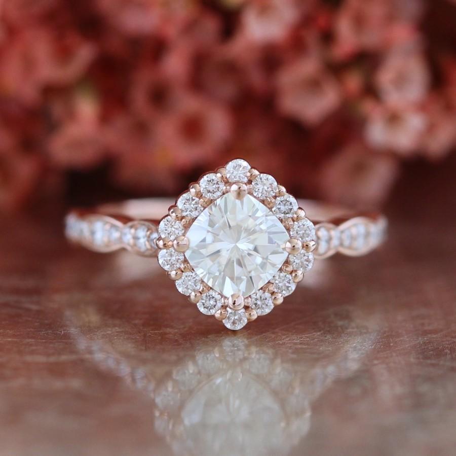 Свадьба - Kite Set Moissanite Engagement Ring 14k Rose Gold Halo Diamond Ring 6x6 Cushion Forever Brilliant Moissanite Scalloped Diamond Wedding Band