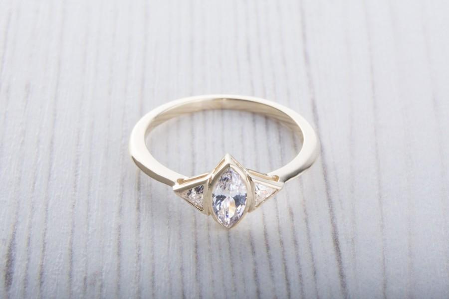 Hochzeit - Solid 10K Yellow gold ring with Marquise and Trillion cut Lab Diamonds - handmade engagement ring