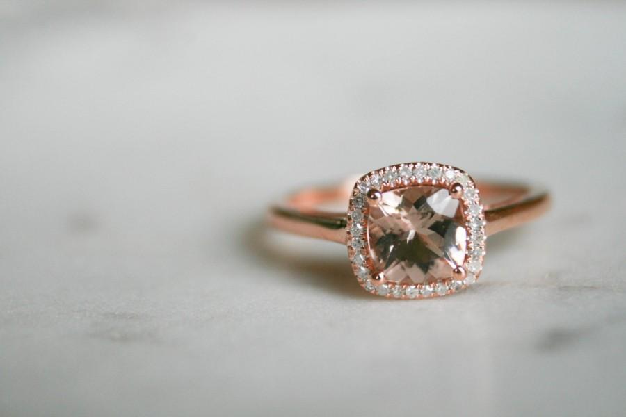 Hochzeit - Diamond Halo Rose Gold Morganite Engagement Ring, Rose Gold Morganite Ring, Diamond Halo around Morganite, Halo Engagement Ring