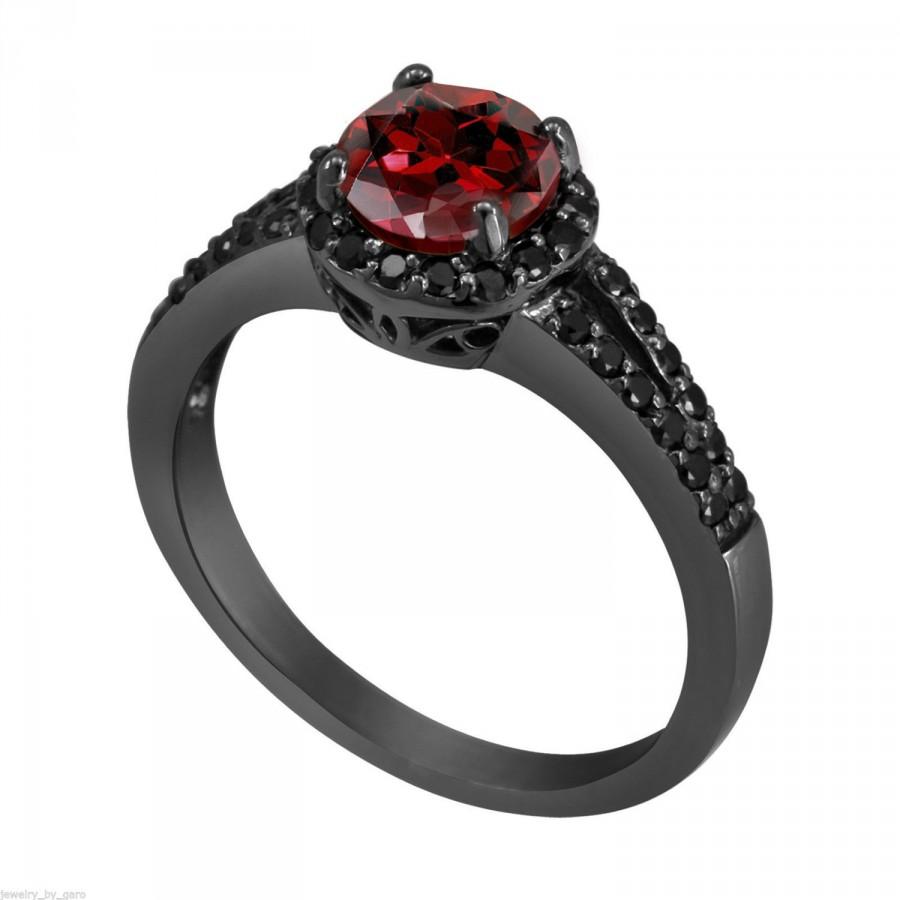 Hochzeit - Garnet & Black Diamond Engagement Ring Vintage Style 14k Black Gold 1.25 Carat Unique Halo HandMade Birth Stone