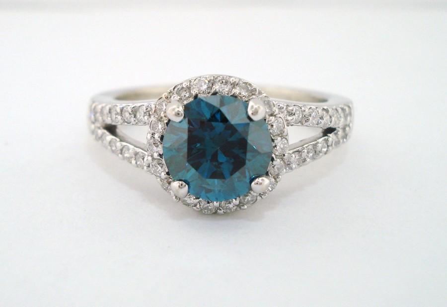 Mariage - Fancy Blue & White Diamond Engagement  Ring 18K White Gold 1.65 Carat Handmade Certified