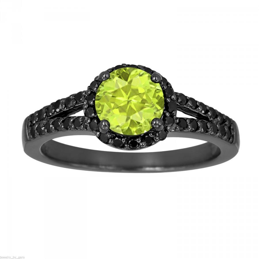 Wedding - Peridot & Black Diamond Engagement Ring Vintage Style 14k Black Gold 1.40 Carat Unique Halo HandMade Birth Stone