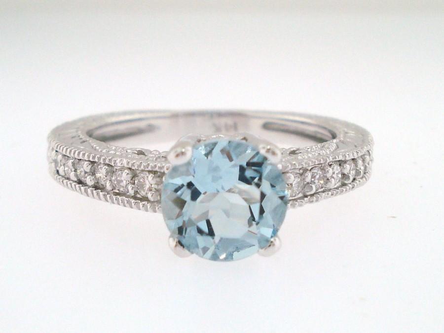 Wedding - Aquamarine And Diamond Engagement Ring 14K White Gold 1.00 Carat HandMade Antique Style Engraved Certified