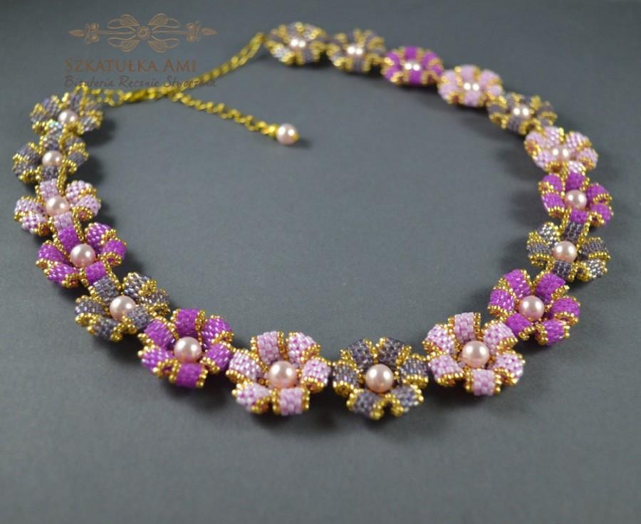 زفاف - OOAK Flower Gold Swarovsky Pink Necklace  gift for her  pink  violet  necklace long  summer necklace  swarovski necklace  pearl necklace 