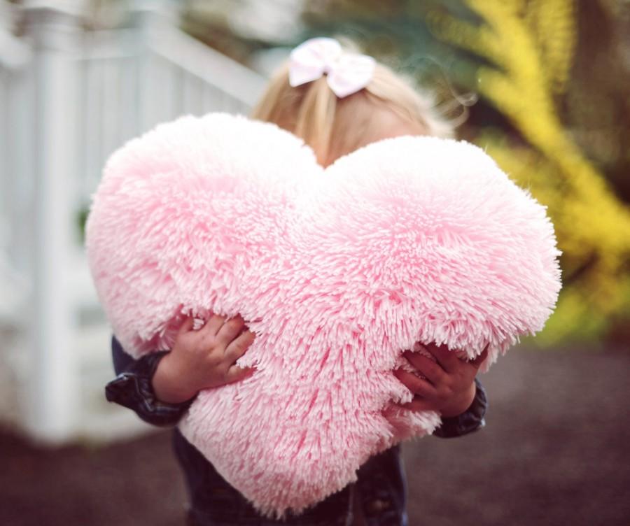 Wedding - Fluffy Pink Heart Shaped Decorative Pillow Valentines Day Decor - Small Size