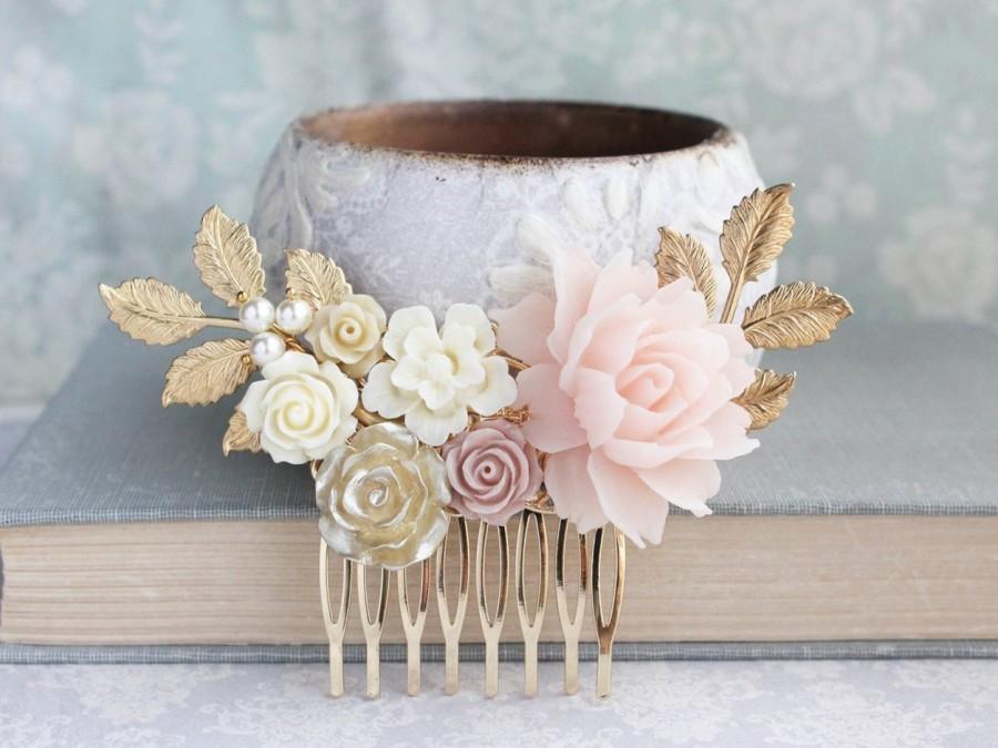 Wedding - Bridal Hair Comb Blush Wedding Gold Ivory Cream Nudes Natural Tones Vintage Style Bridesmaid Gift Floral Hair Piece Gold Leaf Branch