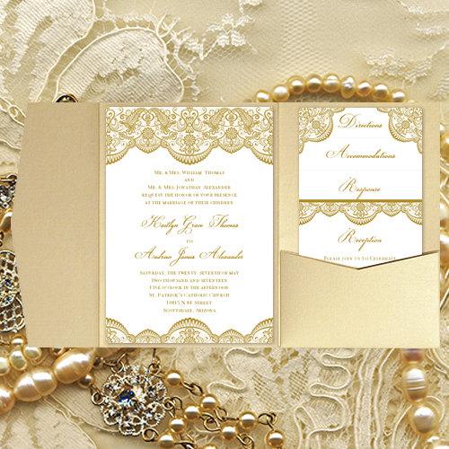 Mariage - Pocket Fold Wedding Invitations "Vintage Lace" Gold DIY Printable Templates Make Your Own Wedding Invitations Order Any Color U Print