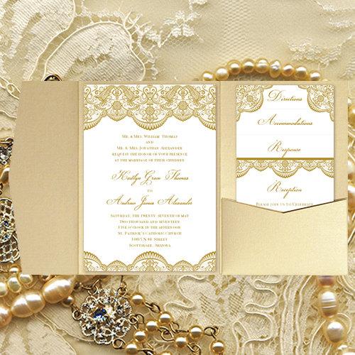 Pocket Fold Wedding Invitations Vintage Lace Gold DIY Printable 