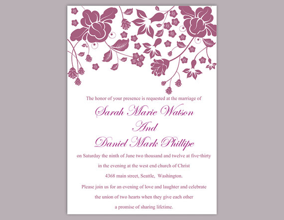 Свадьба - DIY Wedding Invitation Template Editable Word File Instant Download Printable Invitation Eggplant Wedding Invitations Flower Invitation