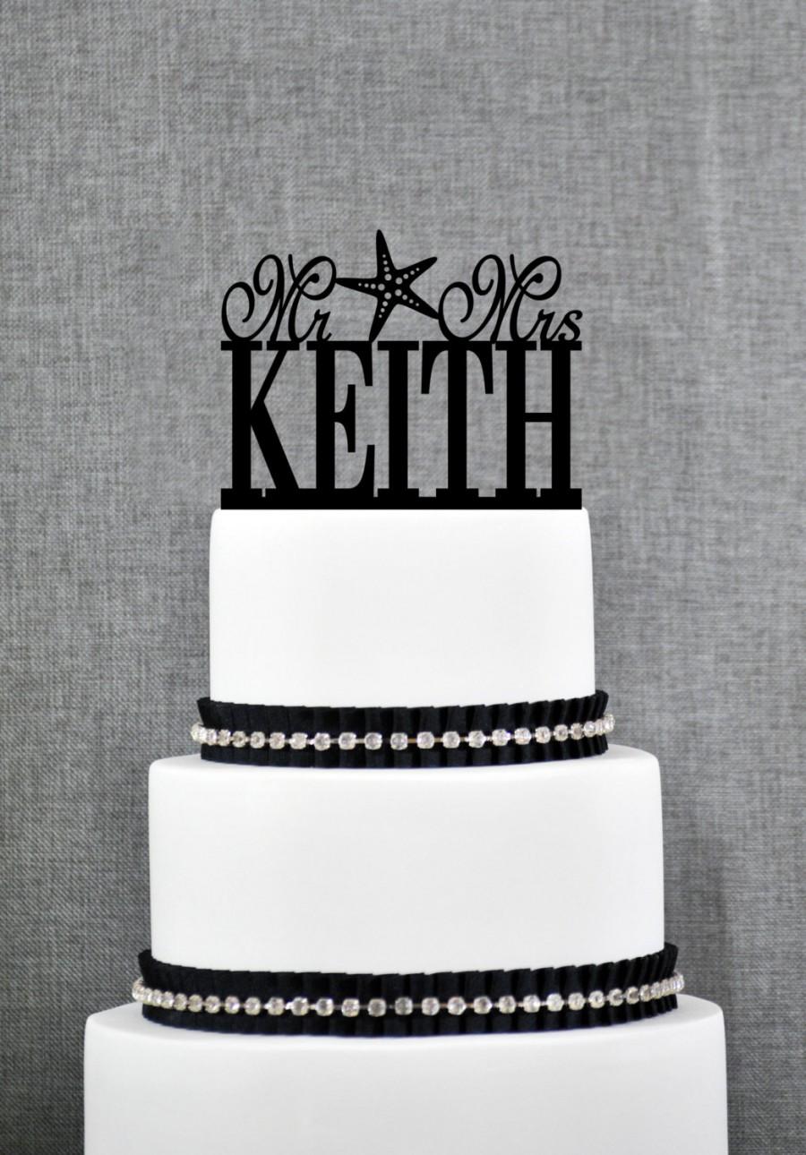 زفاف - Beach Theme Last Name with Starfish Wedding Cake Toppers, Personalized Wedding Cake Topper, Mr and Mrs Wedding Cake Topper- (T034)