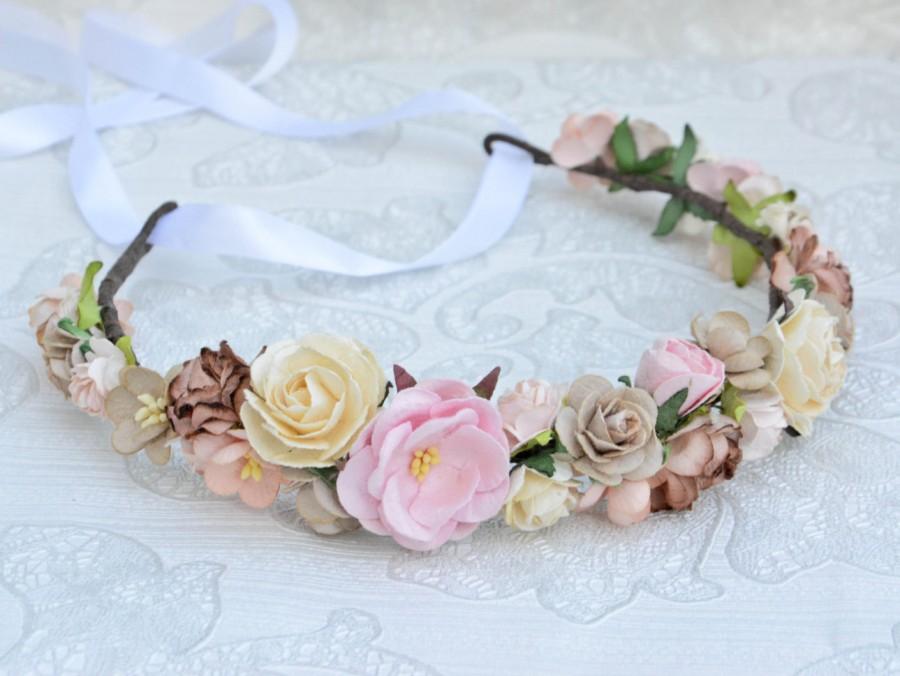 زفاف - Flower crown- brown and pink, floral crown, wedding flower crown, Bridal crown, Bridal flower crown, bridal headband, boho crown.