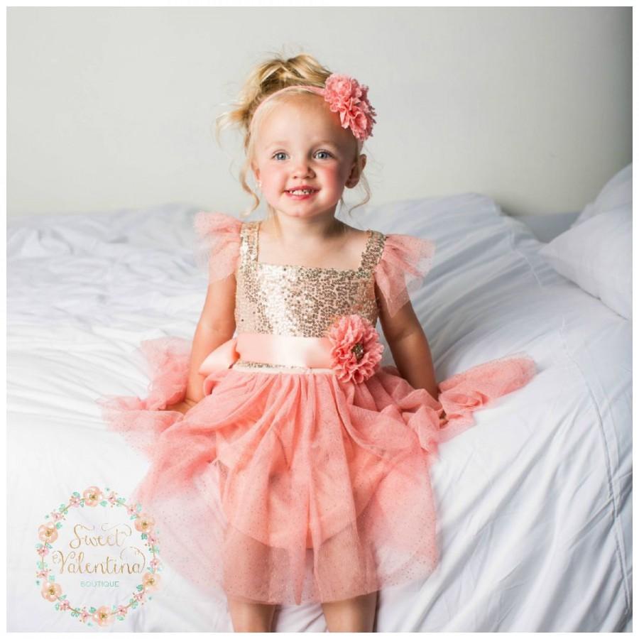 Wedding - Flower girl dress, Pink and gold girl dress,1st Birthday dress,Ivory Tulle dress, coral flower girl dress, Princess dress, Birthday dress,