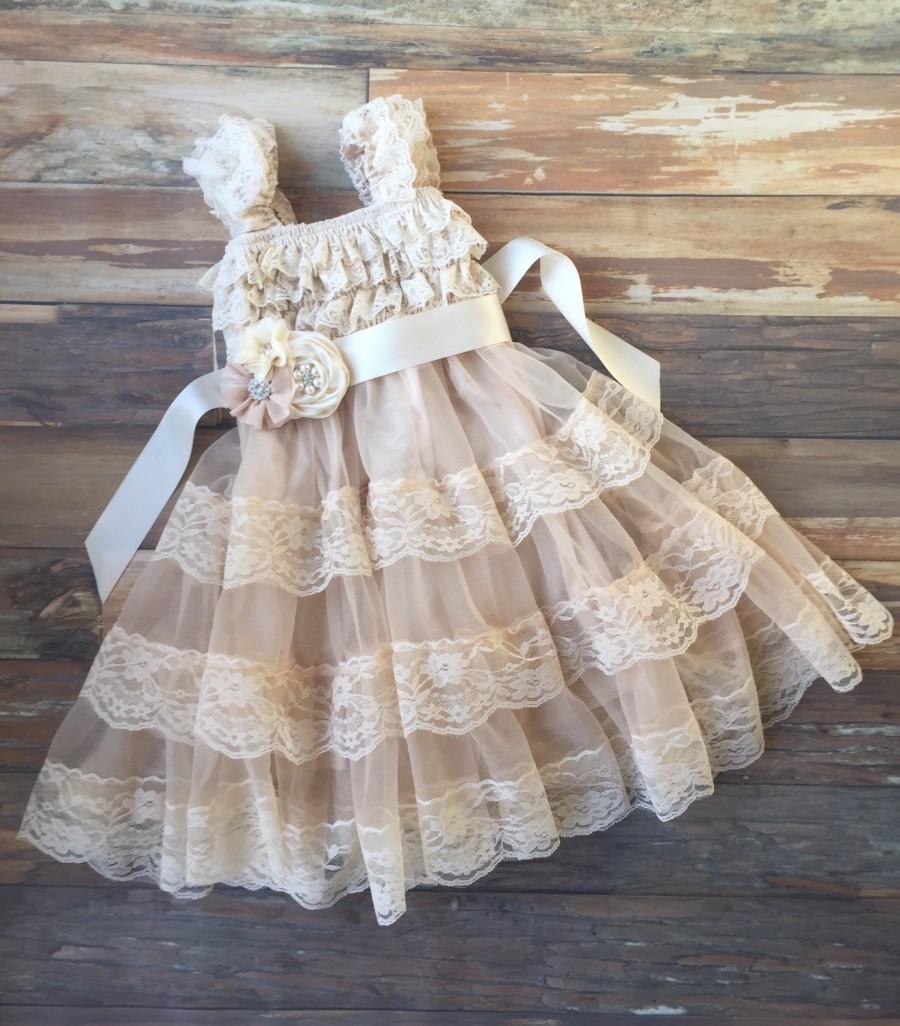 Wedding - Flower girl dress. Champagne flower girl dress. Vintage girls dress. Cream lace toddler dress. Country wedding. Girls ruffle dress.