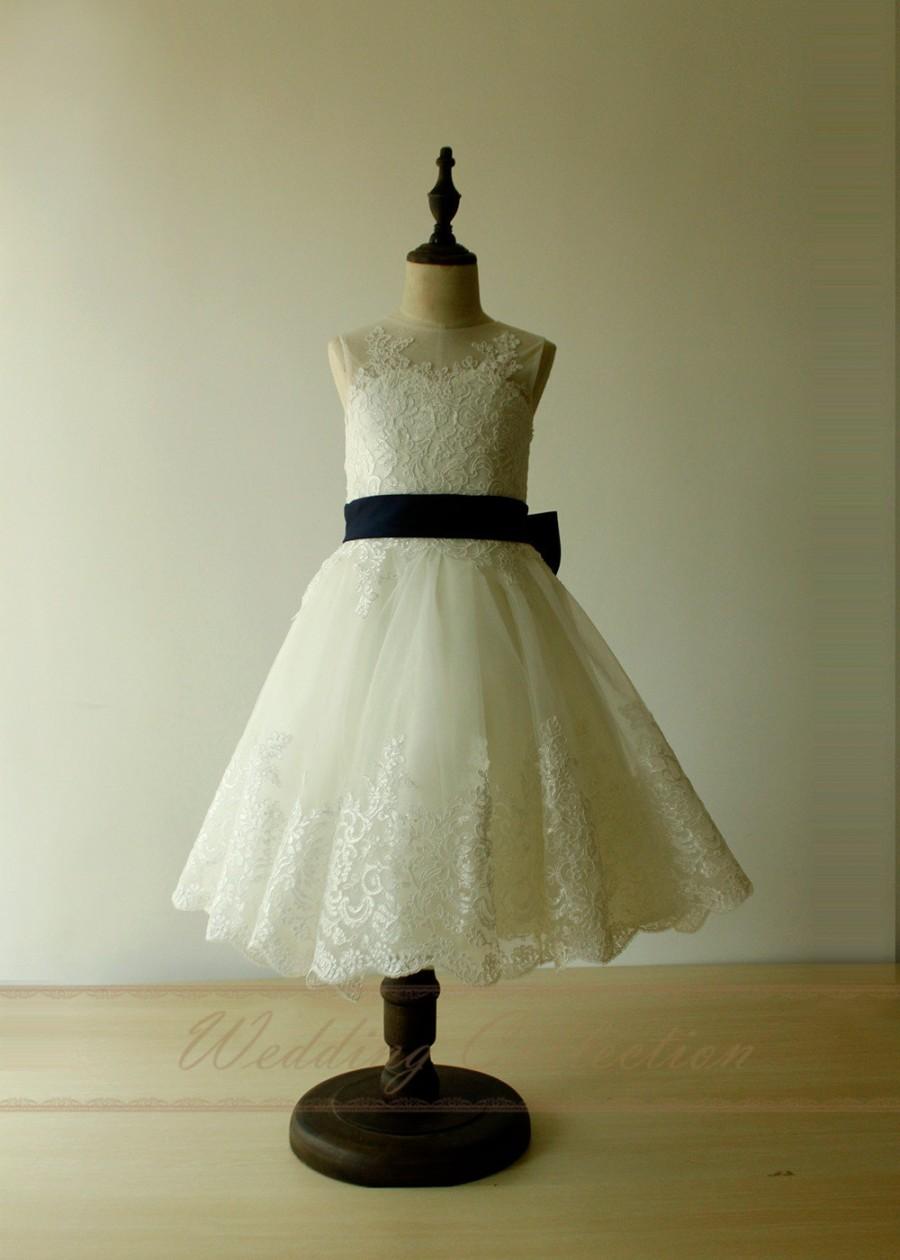 Hochzeit - Ivory Lace Applique Flower Girl Dress Knee Length with Navy Sash and Bow