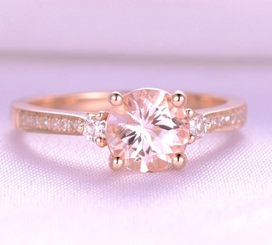 Wedding - 6.5mm Round pink morganite Engagement ring,14k Rose gold,diamond Wedding Band,Promise Ring,Personalized for her/him,Custom Ring
