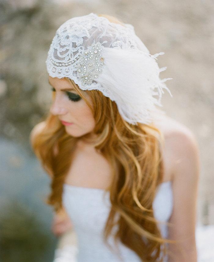 Mariage - Beaded Veil Bridal Cap with Rhinestone App and Ostrich Plume