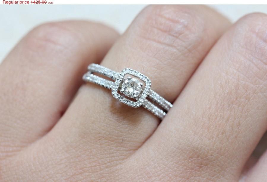 زفاف - Valentines SALE! Diamond Engagement Ring- with Pave Diamonds Halo & Split Parallel Shank "Li-Or" 