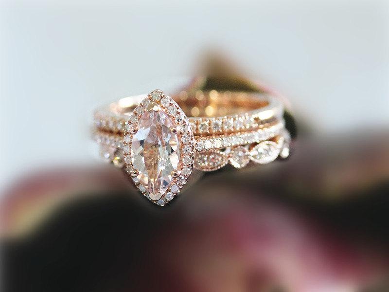 زفاف - 3PCS 14K Rose Gold Morganite Ring Set Bridal Wedding Ring Diamond Half Eternity Ring Matching Wedding Ring  Diamonds Ring Set
