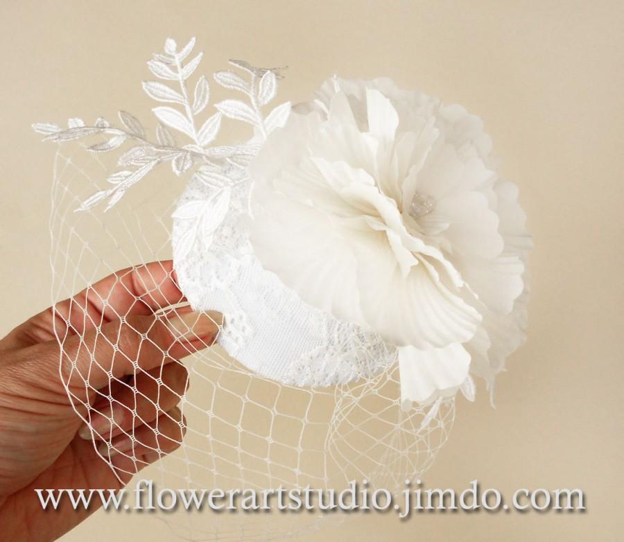 Mariage - Ivory Headpiece, Birdcage Fascinator, Birdcage Veil, Bridal Hair Flower, Bridal Small Hat, Bridal Blusher Veil, Bridal Hair Accessories.