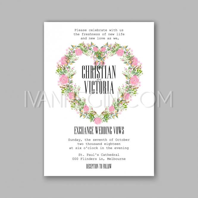 Hochzeit - Rose wedding invitation printable template with floral wreath or bouquet of rose flower and daisy - Unique vector illustrations, christmas cards, wedding invitations, images and photos by Ivan Negin