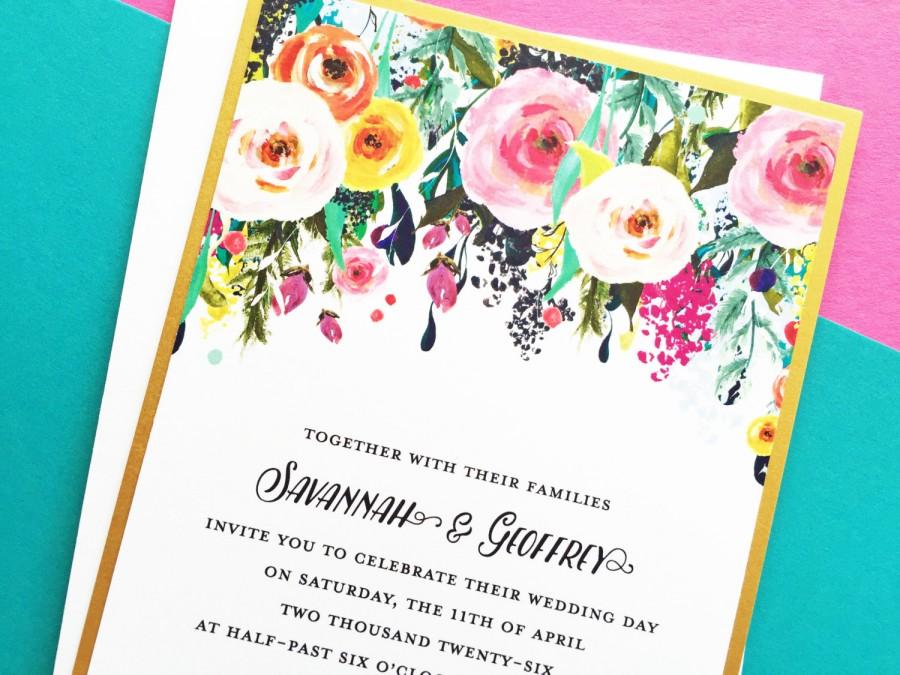 Mariage - Wedding Invitation, Watercolor Floral Wedding Invite, Sublime Watercolour Floral Wedding Invitation Suite Set, Gold Wedding Invitations