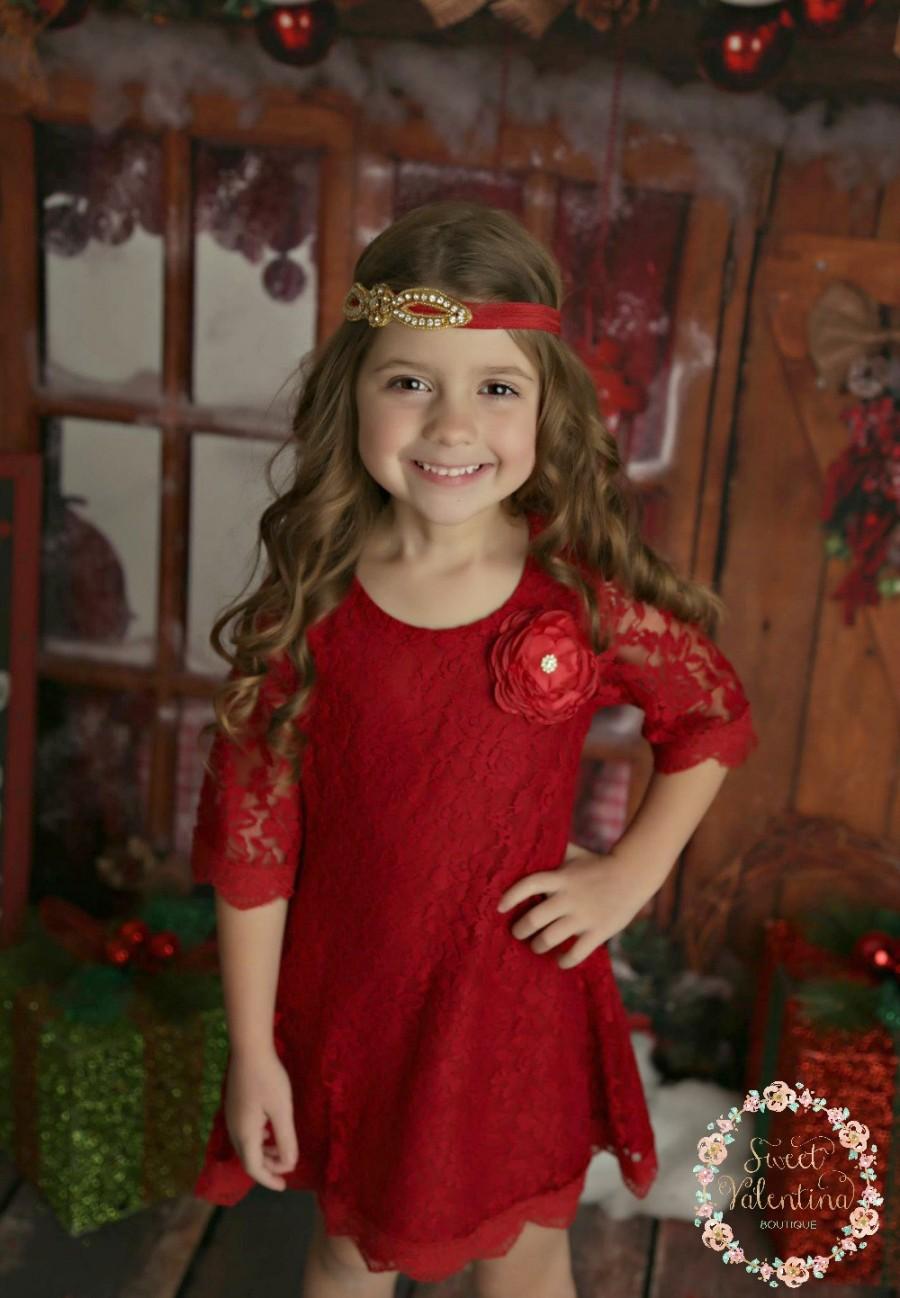 Mariage - Red flower girl dress, Red lace Dress, Girls Christmas dress, Christmas dress, Red lace dress, rustic flower girl dress, flower girl dress.