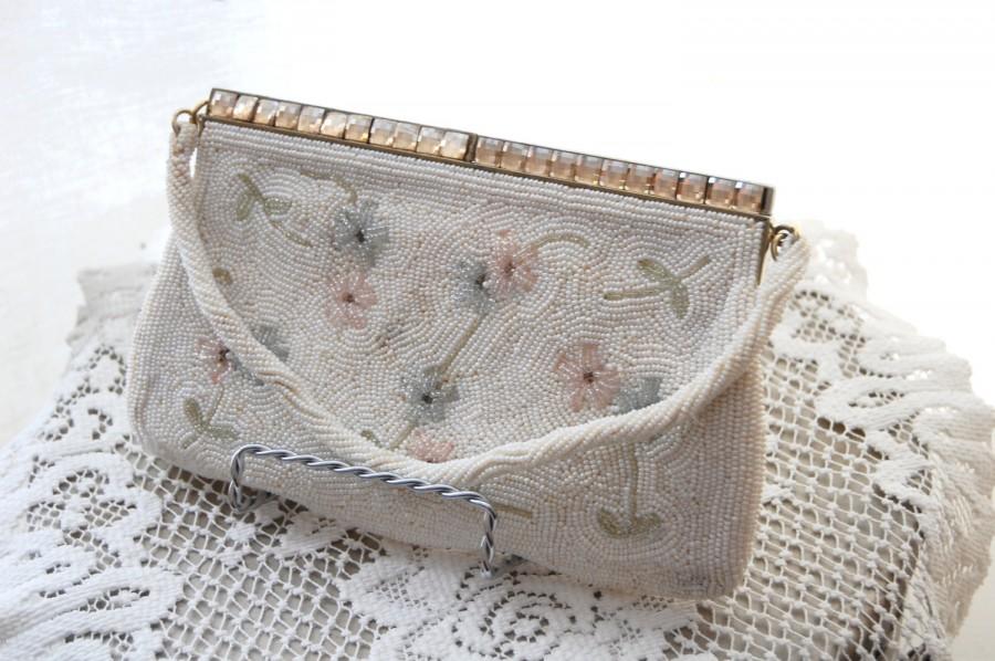 Свадьба - Vintage 50s Evening Bag - Beaded Evening Purse - Bridal - Wedding - Made in Japan - Glass Bead Handbag - Crystal Purse