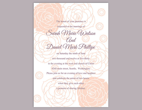 Hochzeit - DIY Wedding Invitation Template Editable Word File Instant Download Printable Floral Invitation Rose Wedding Invitation Peach Invitations