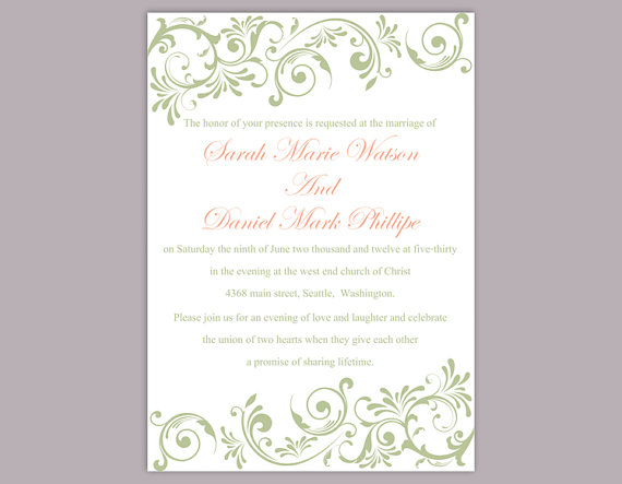 Wedding - DIY Wedding Invitation Template Editable Word File Instant Download Elegant Printable Invitation Olive Wedding Invitation Green Invitations