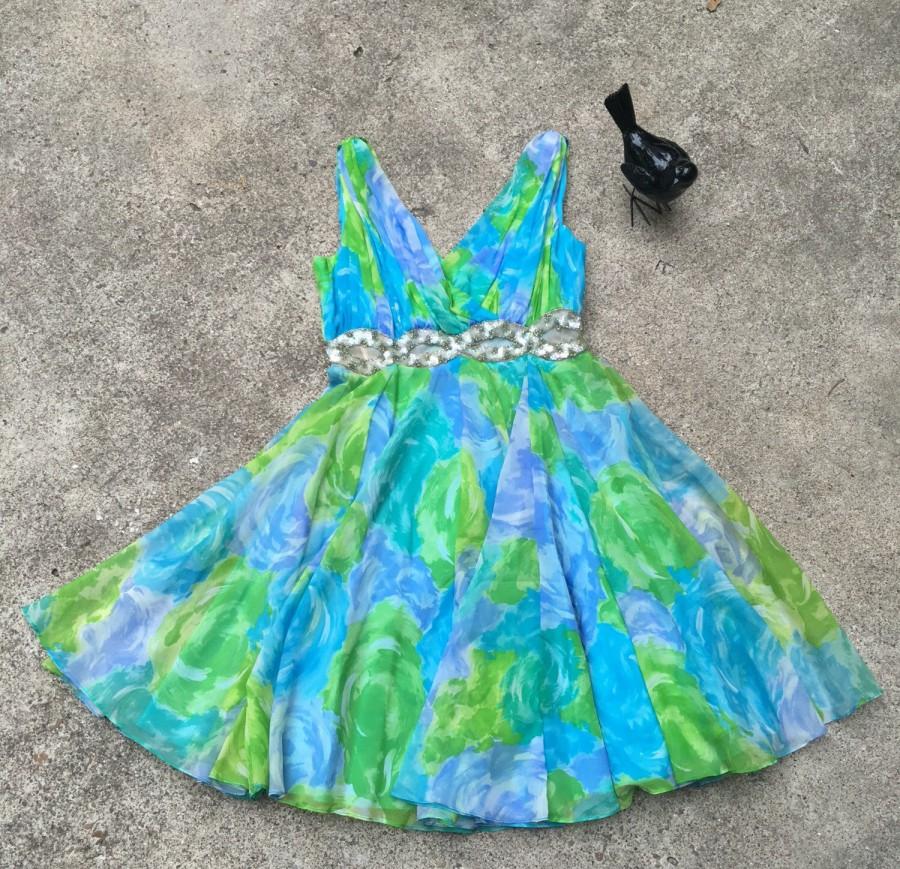 Свадьба - 1960s Chiffon Party Dress Blue and Green Floral & Sequins 1960s Mini - MCM Party Dress - Flirty Flouncy Feminine Girly Fun - 32 33 Bust