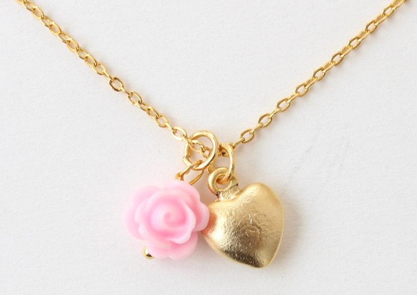 Mariage - Flower girl gift, flower girl necklace, flower girl heart necklace, gold flower girl, wedding gift, bridal party gift, childrens necklace
