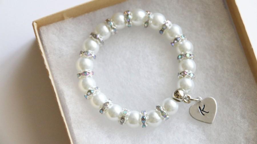 Hochzeit - Flower Girl Bracelet, Personalized Initial White with Stone Bracelet, Children's Jewelry, Stretch Bracelet, Hand Stamped Heart Initial