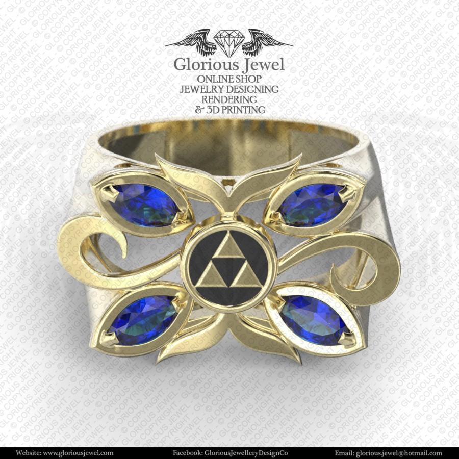 زفاف - Glorious legend of Zelda hyrule triforce ring with CZ stone and Enamel / 925 silver / 14K Gold / Custom made / FREE SHIPPING / Made to Order