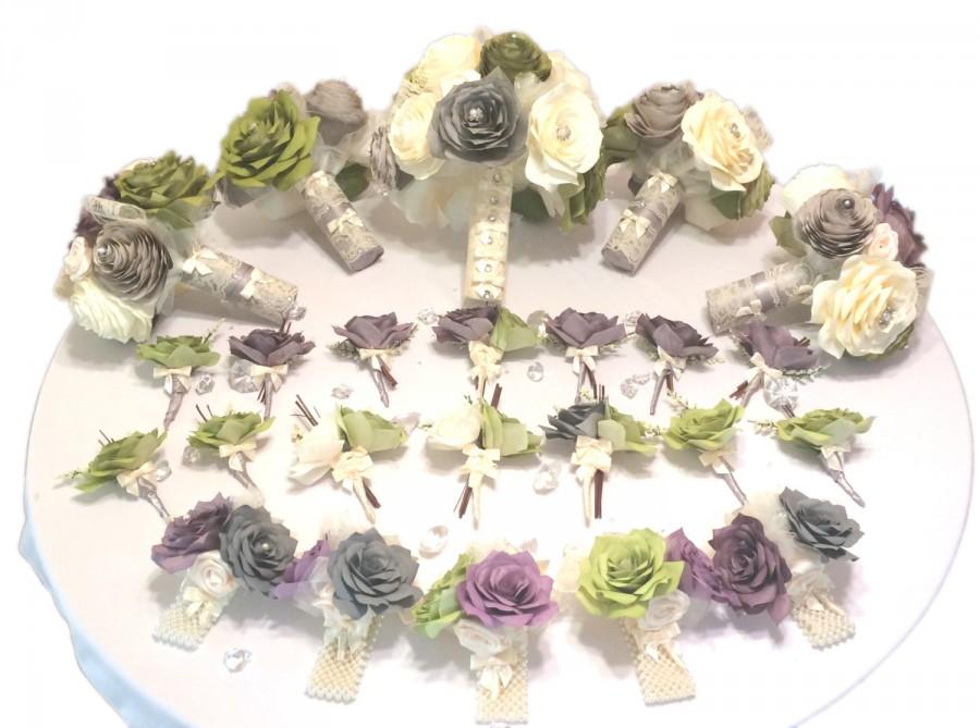 Wedding - Plum purple and olive green Bridal party bouquet package, Made in colors of your choice, Wedding party bouquets, Paper Bouquets, Boutonniere