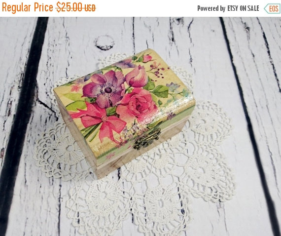 Wedding - Decoupage romantic delicate spring flowers Wedding rings box, pillow rustic woodland natural shabby chic brown cream