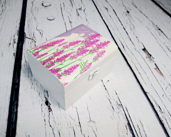 Wedding - MADE ON ORDER Decoupage wooden trinket box bridesmaid gift personalised lavender violet flower Provence wedding decoupage small box gift
