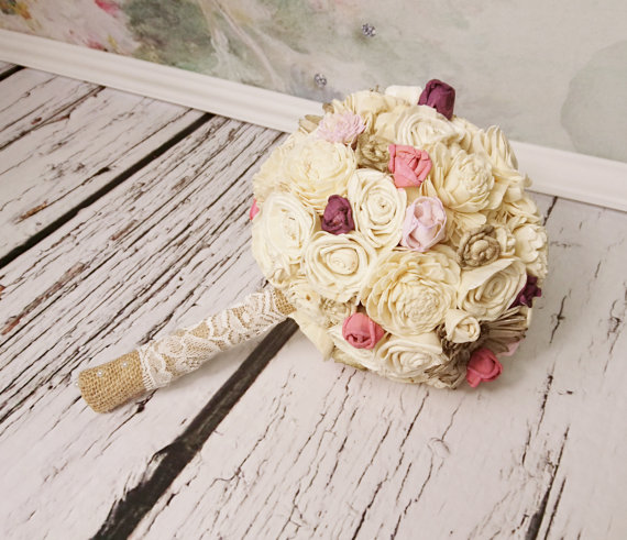 Wedding - SMALL cream brown rustic wedding BOUQUET Ivory and brown Flowers, sola roses, Burlap Handle, bridesmaid custom