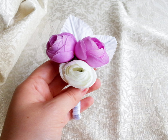 Свадьба - Violet lilac purple off white peonies flower wedding BOUTONNIERE custom corsage satin ribbon peony