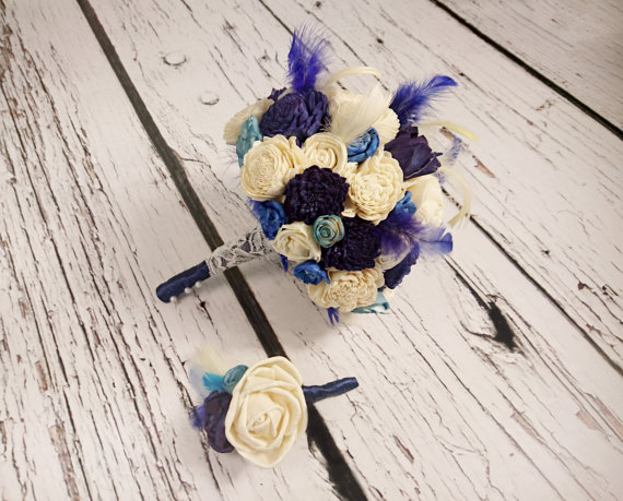 Hochzeit - Bridal cream dark blue turquoise wedding feathers MEDIUM BOUQUET Flowers, satin ribbon Handle cotton lace elegant vintage boho