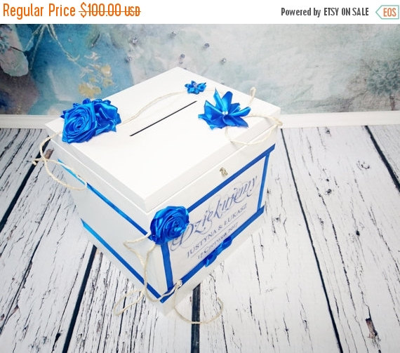 Hochzeit - Wooden wedding cards keepsake key locked memory box elegant white blue satin ribbon flowers custom trunk storage wedding box