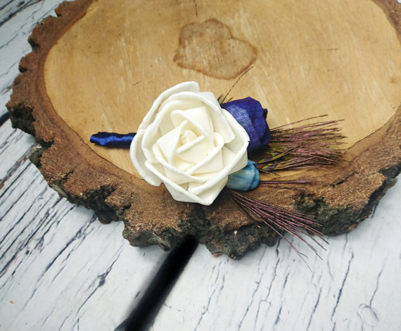 Mariage - BOUTONNIERE / CORSAGE ivory sola rose dark blue turquoise flowers rustic wedding real PEACOCK feathers navy wedding, elegant, satin
