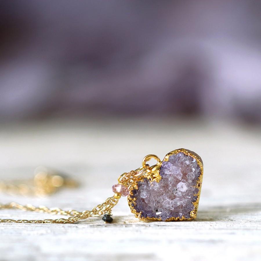 Wedding - Amethyst Heart Necklace - Dainty Druzy Necklace - Valentines Day Gift - February Birthstone - Rough Diamond Necklace - Amethyst Jewellery