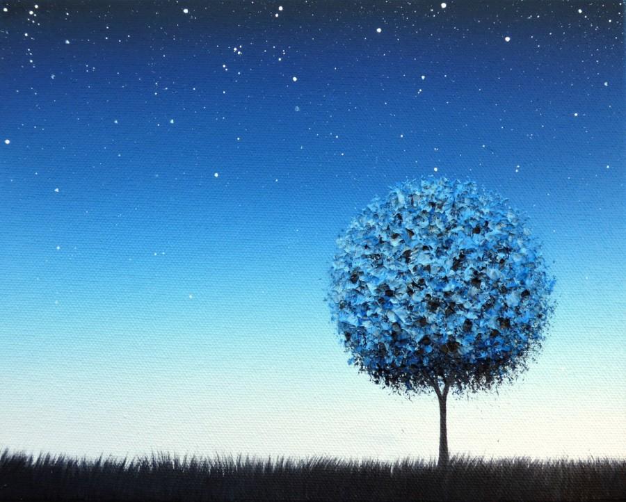 Wedding - Blue Tree Art Poster, Photo Print of Blue Landscape, Print of Oil Painting, Blue Night Sky, Starry Sky, Contemporary Modern Art Home Decor