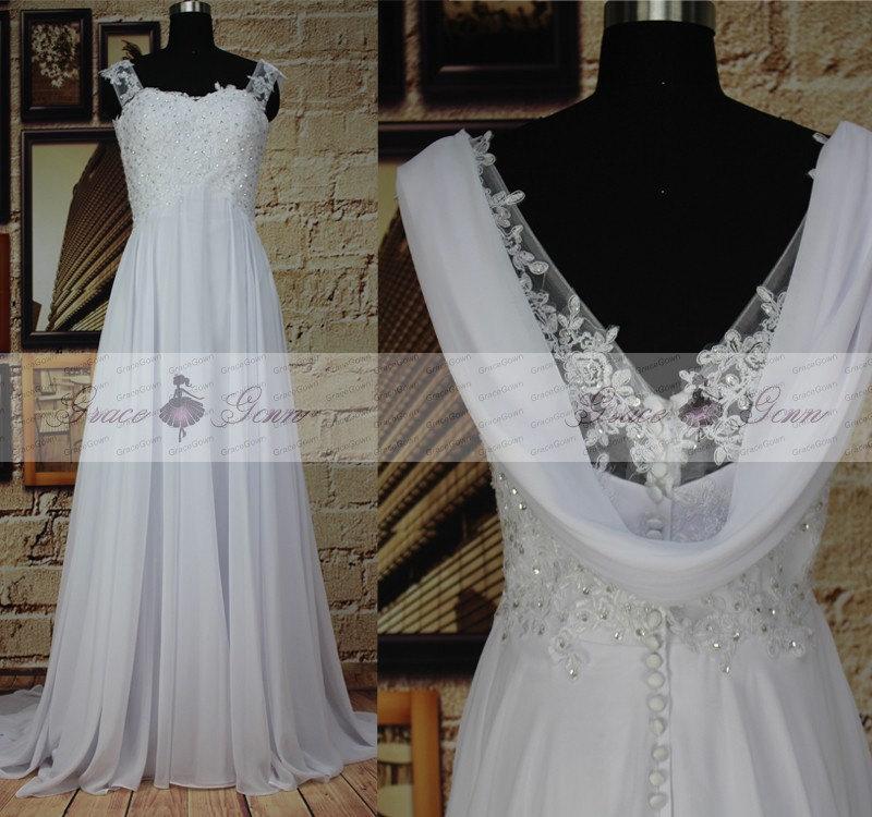 زفاف - Beach Wedding Dress,Elegant A-line Chiffon Wedding Dress With Beaded Lace Appliques,Cowl Back Wedding Dress,White Destination Wedding Dress