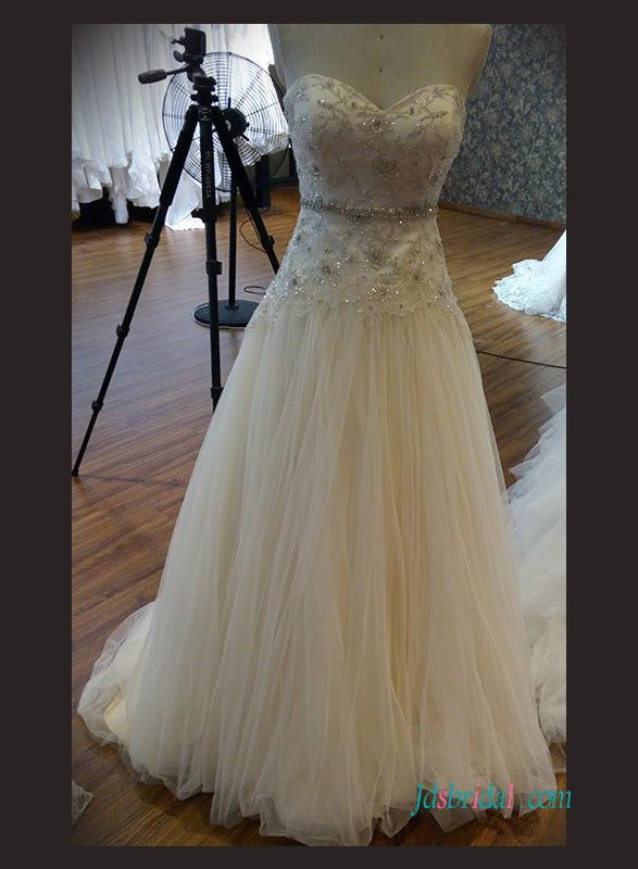Wedding - Beaded lace tulle flowy wedding dress with bling