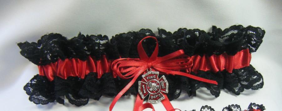 Hochzeit - Red and Black FIREFIGHTER Lace Fireman Wedding garters Garter Keep