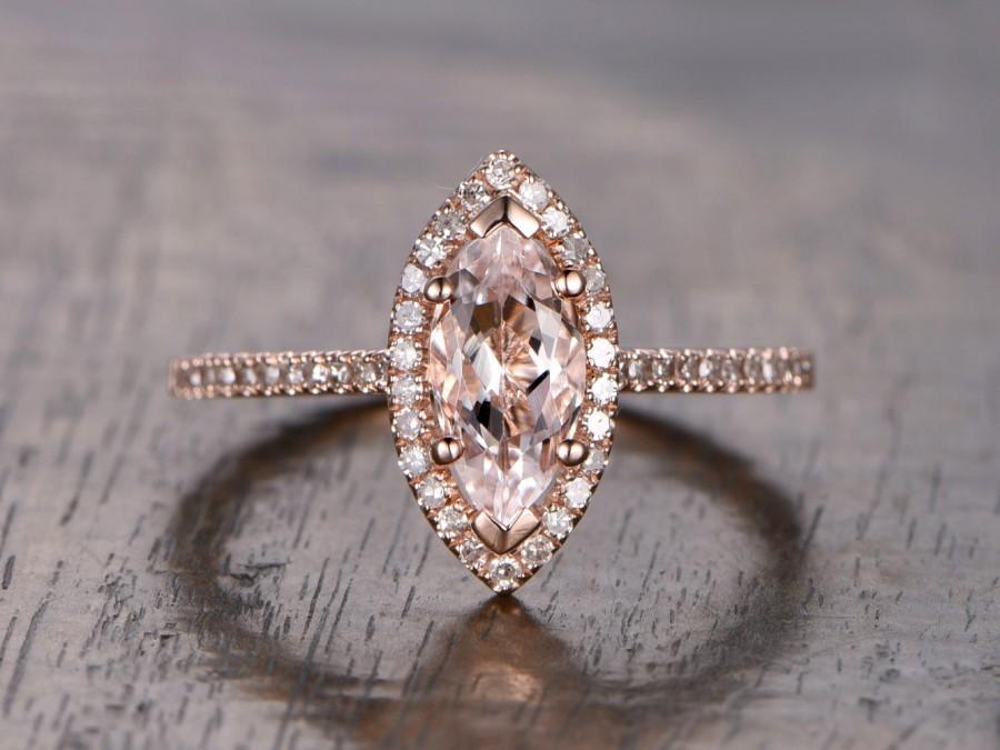 Mariage - Valentine's Present Marquise Cut Morganite Ring,Morganite Engagement Ring,Diamonds Halo Ring, 14K Rose Gold Prong Set, Micro Pave Ring